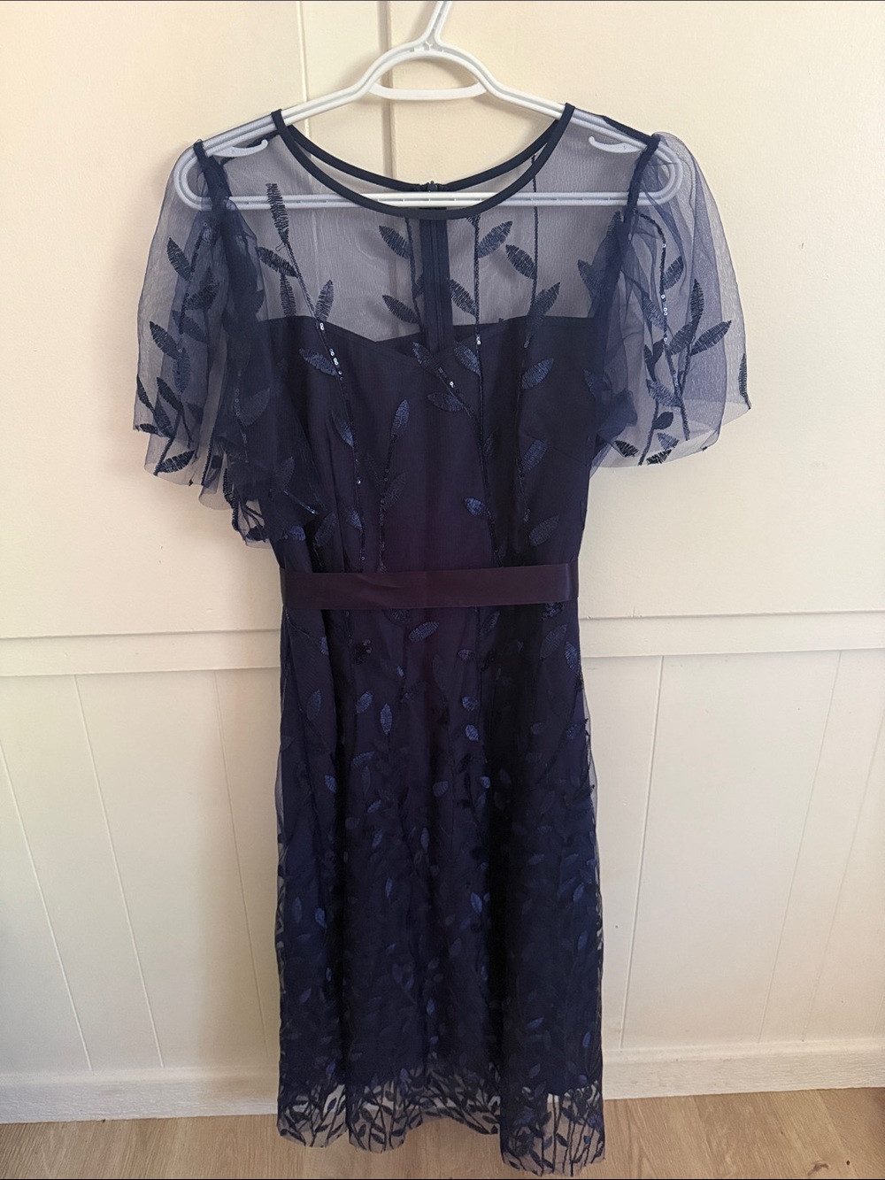 Navy Midi Mesh Dress with Embroidered Leaf Detail